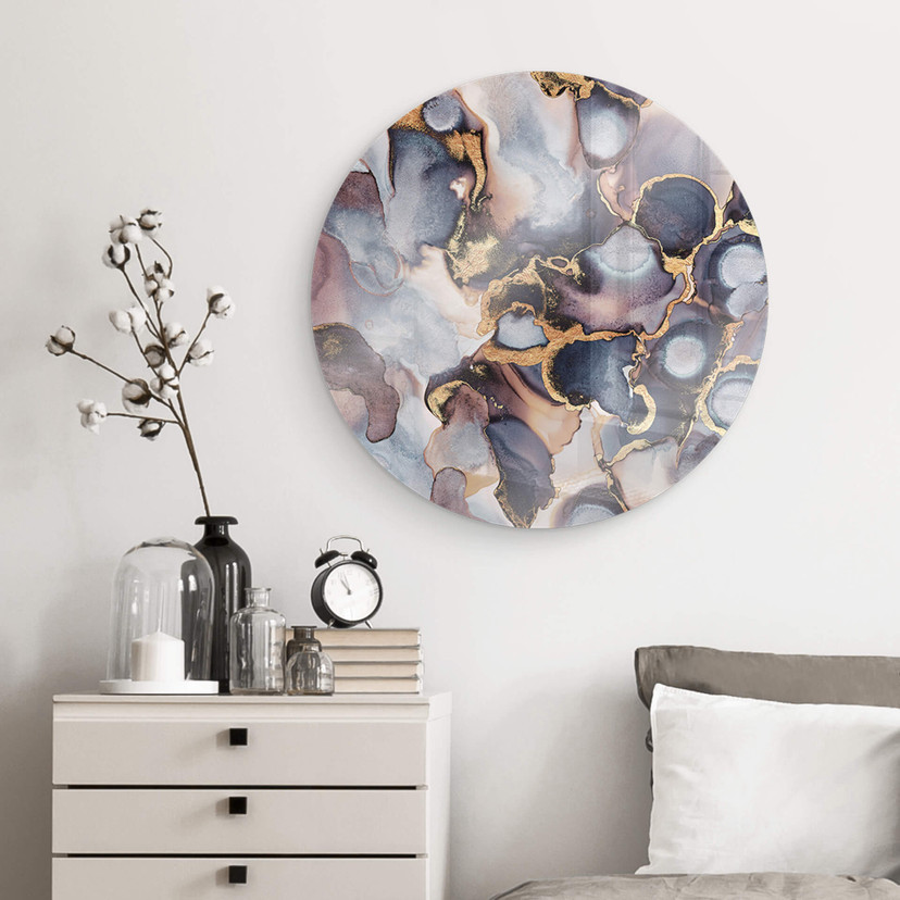 Tableau sur verre rond Fredriksson Encre : rose et dorée