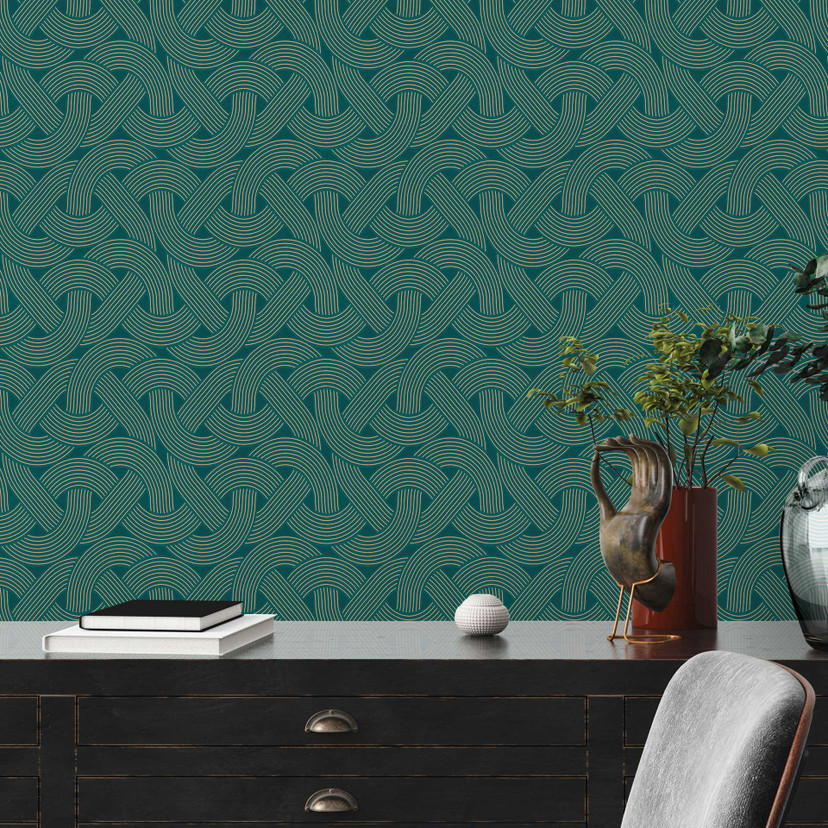 Tapeta flizelinowa w stylu art deco niebieskie złoto - graficzna tapeta z wzorem linii