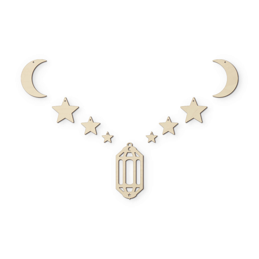 Décoration en bois placage peuplier  - Set pour Ramadan - Lune, étoiles et lanterne