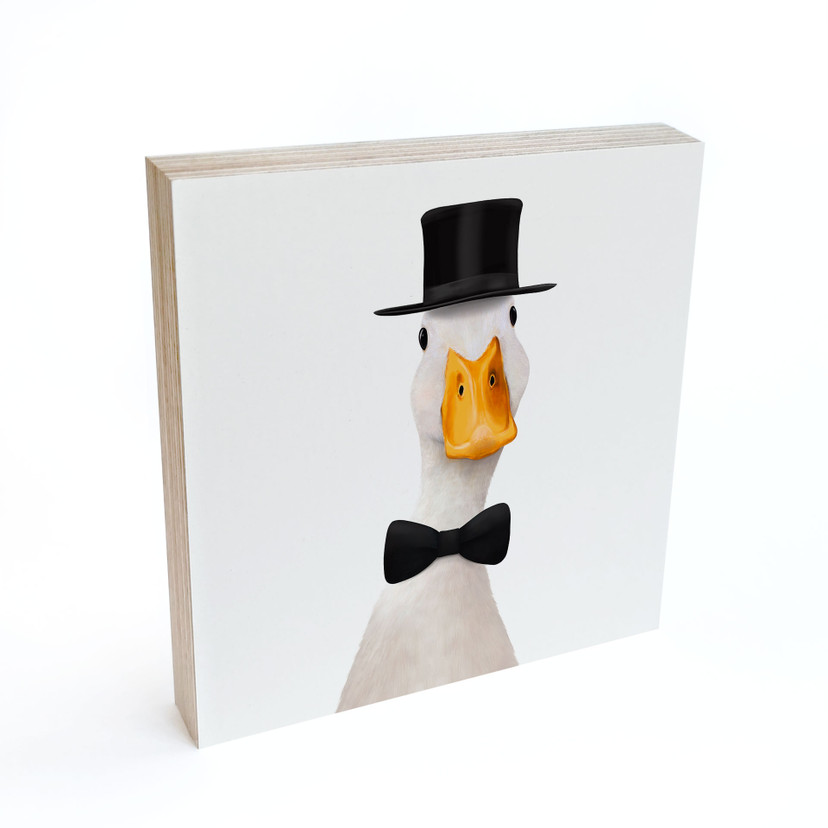 Tableau sur bois à poser - Gentleman Oie avec chapeau haut-de-forme - Korenkova - 15x15 cm