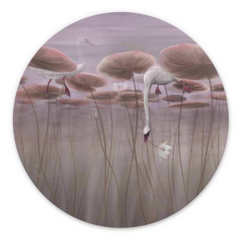 Wanddecoratie lotusbloemen met zwaan in water in schemerroze - Ms Tiff - Alu-Dibond Rond
