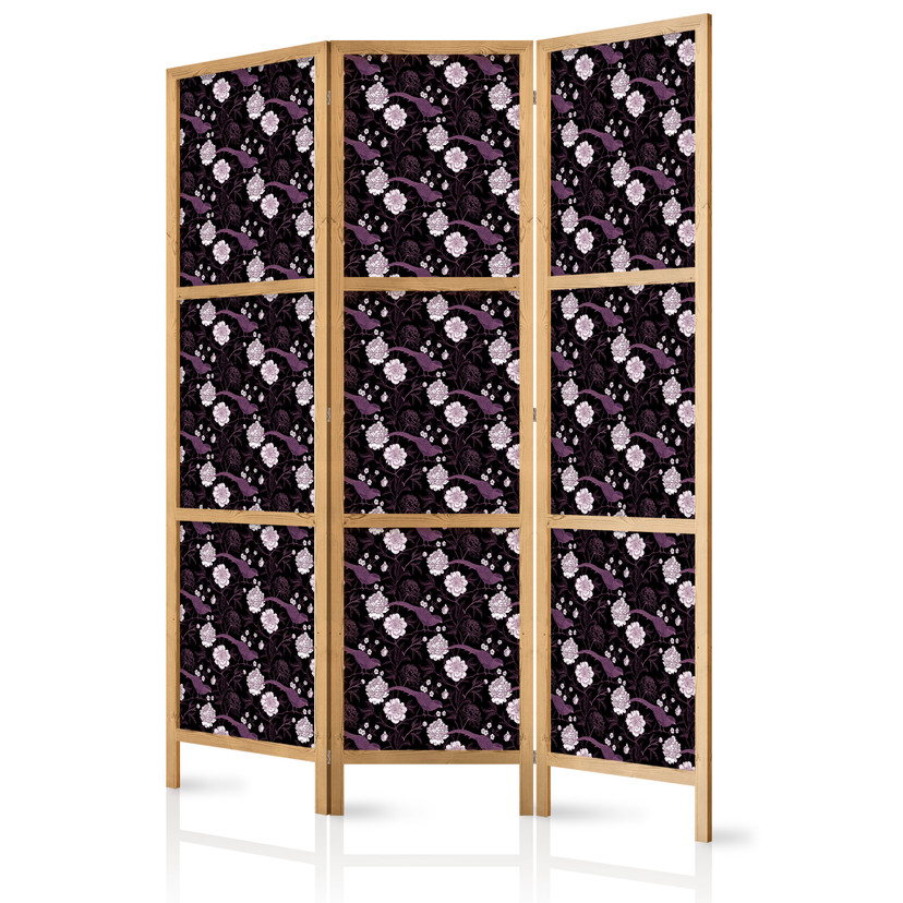 Japanischer Paravent, Raumteiler freistehend, Trennwand - Birds Among Flowers - Purple