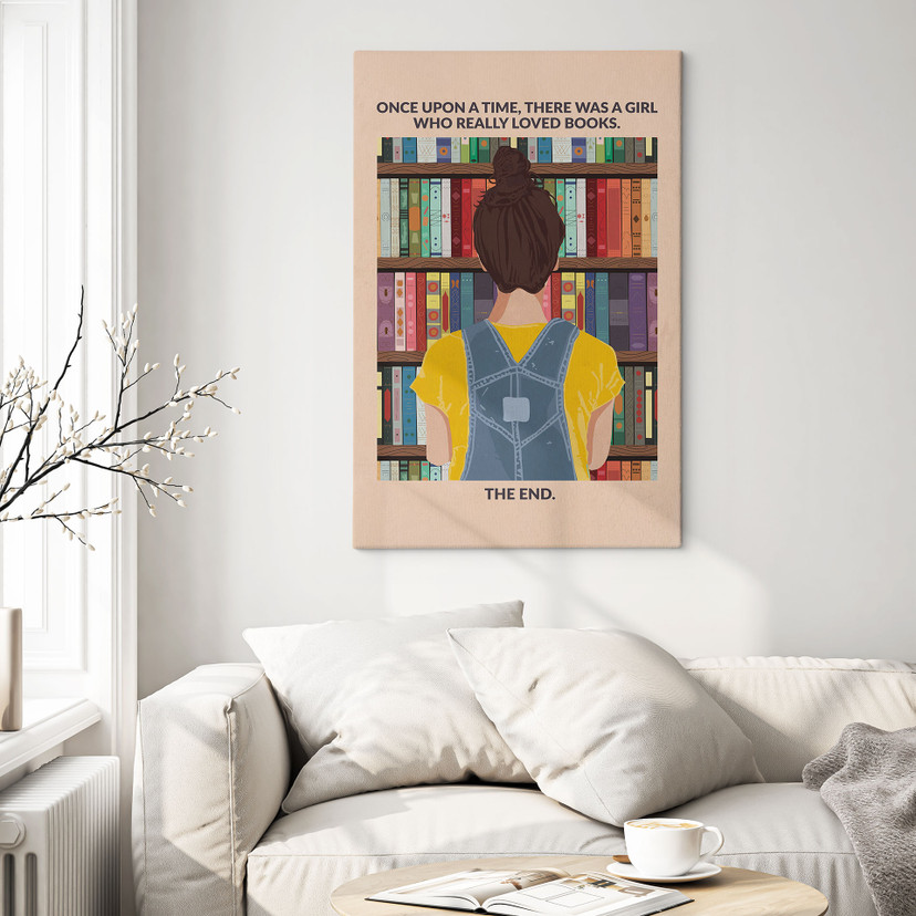 Tableau sur toile Amour des Livres - Fille devant l'Étagère - WallChart Art Studio