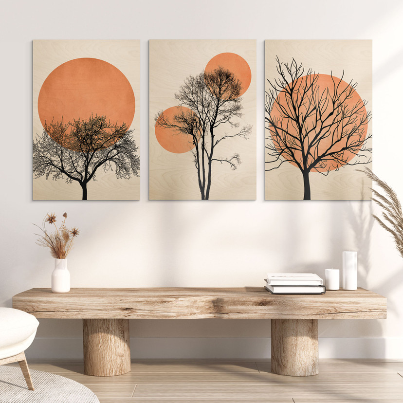 Holzbilder-Set Kubistika - Warmer Sonnenuntergang in Pfirsichfarben (3-teilig)