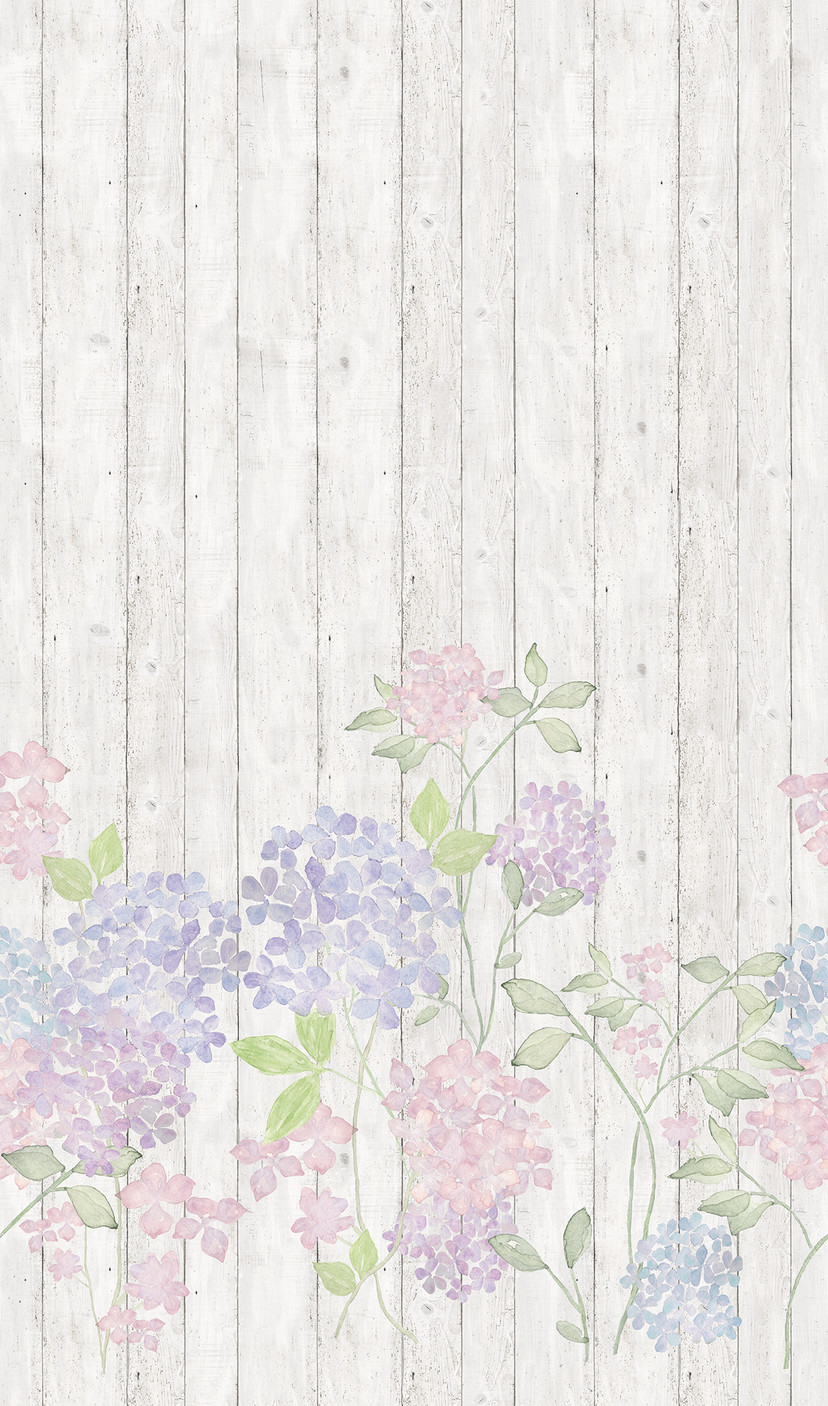 Fototapet med små blomster på træhegn Grå, træ-effekt 2,70 x 1,59 m
