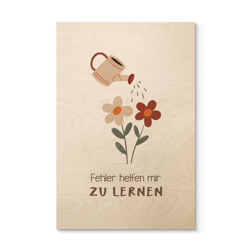 Holzbild mit Gießkanne und Blumen - Glaubenssatz 'Fehler helfen mir zu lernen' fürs Kinderzimmer