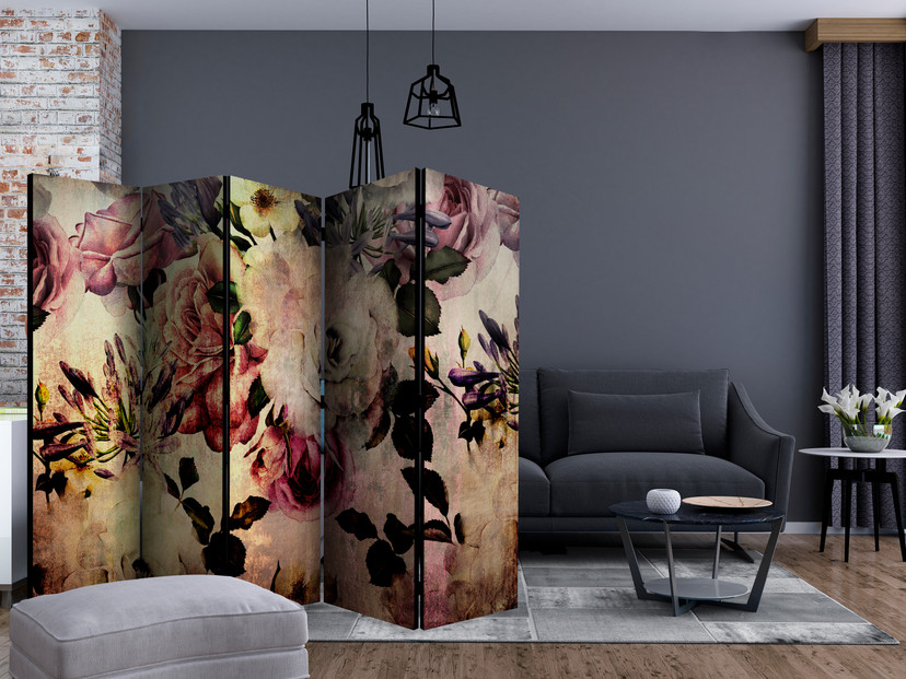 Paravent, Raumteiler freistehend, Trennwand - Nostalgia Flowers II, 5-teilig - einseitig bedruckt -