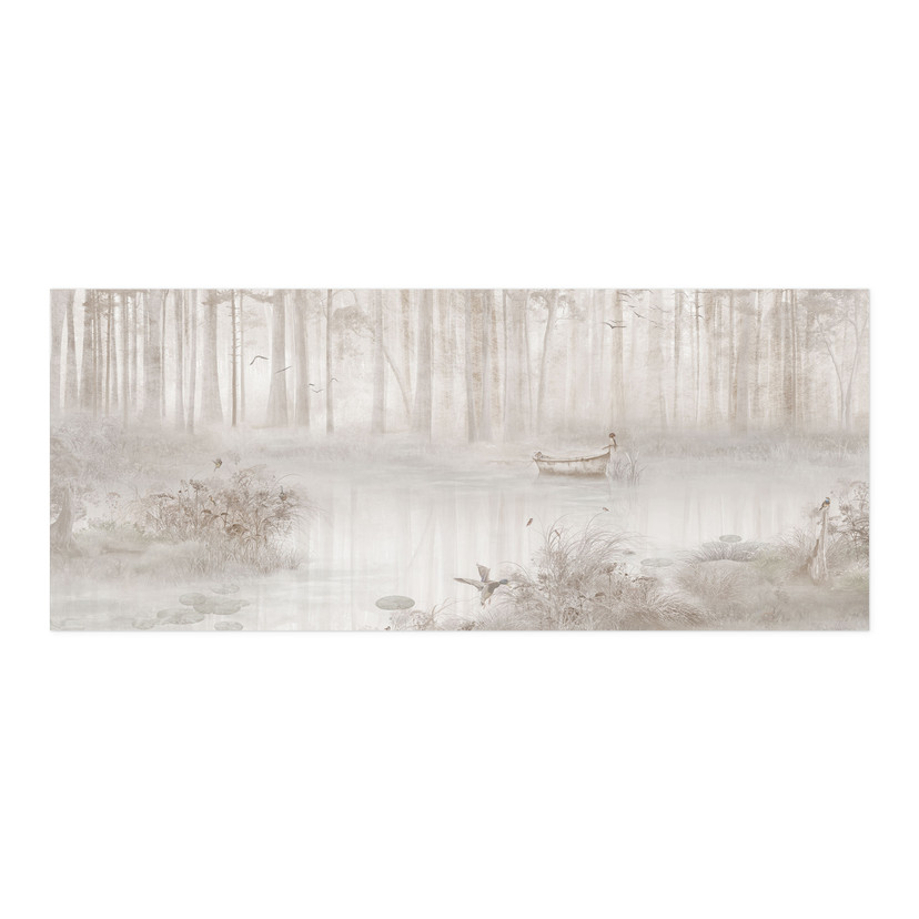 Zelfklevende Keukenachterwand Bos bij het meer in mist in beige - Ms Tiff