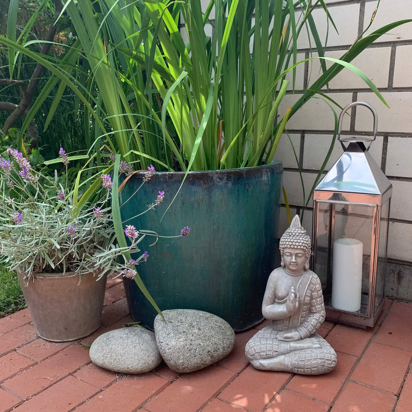 Statuette Lao Bouddha en pierre artificielle décoration de jardin et extérieurs,  gris - 20x15x33 cm