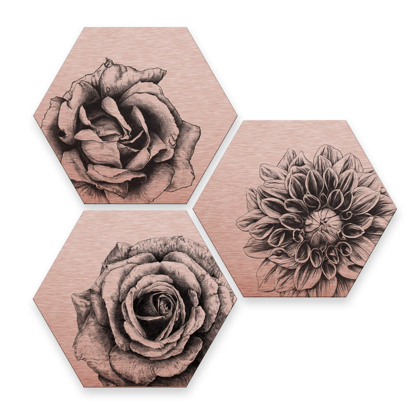 Hexagon Dibond Set Koper Effect - Kools - Flowers