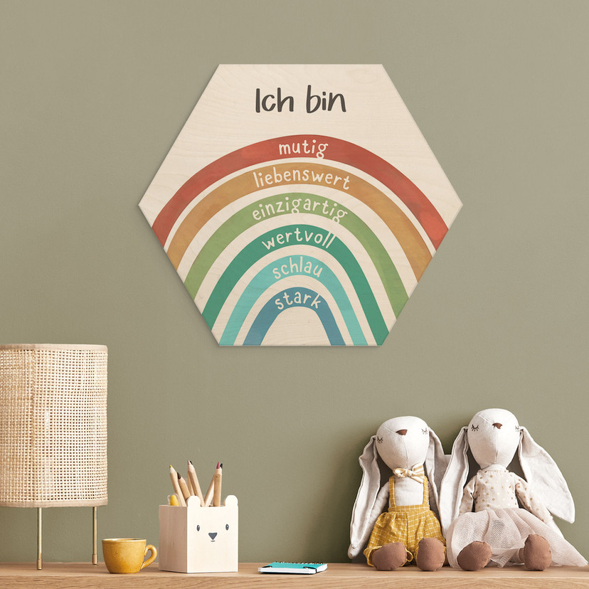 Holzbild Hexagon mit Regenbogen - Glaubenssätze wie 'stark, schlau, wertvoll'