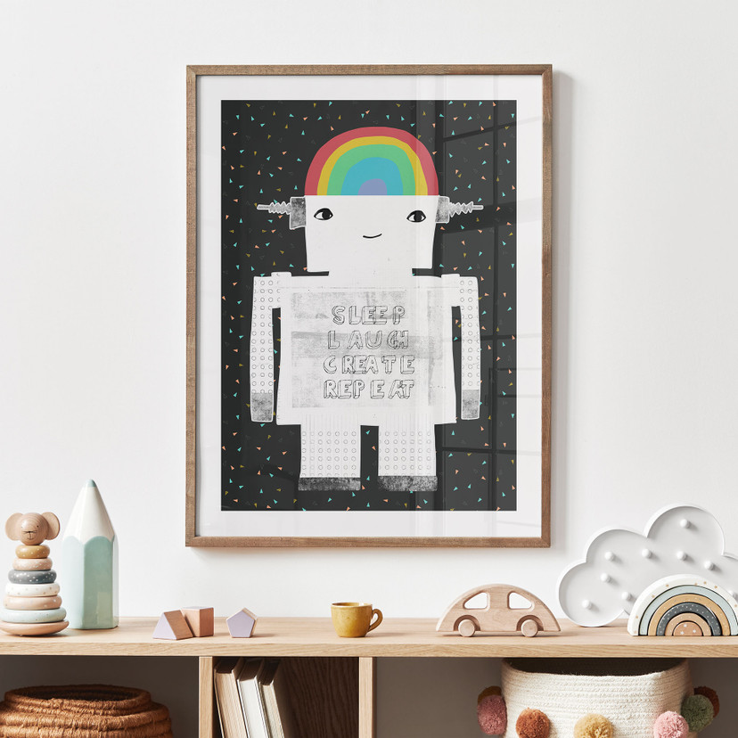 Plakat dla dzieci - Tęczowy robot Śpij Śmiej się Twórz - Treechild