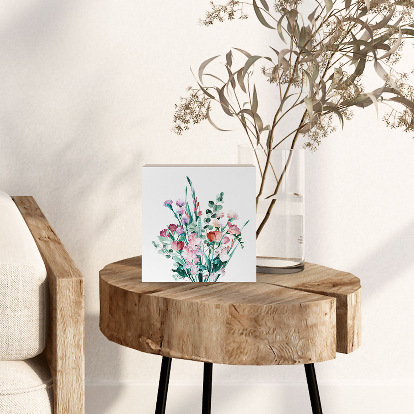 Houten Wanddecoratie om op te hangen - Wilde bloemen boeket in de lente - Goed Blauw - 15x15 cm