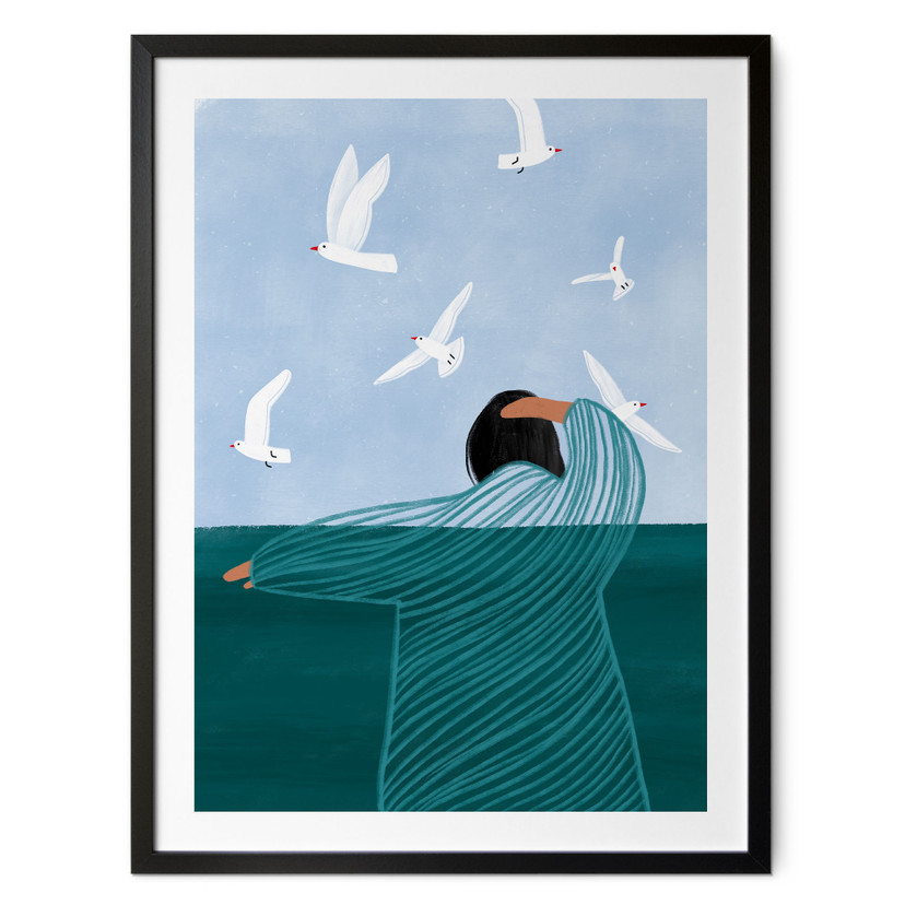 Poster Femme avec mouettes à la mer - Müller