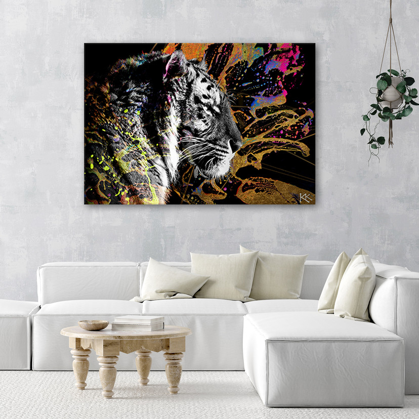 Canvasbillede, Tiger på farverig baggrund