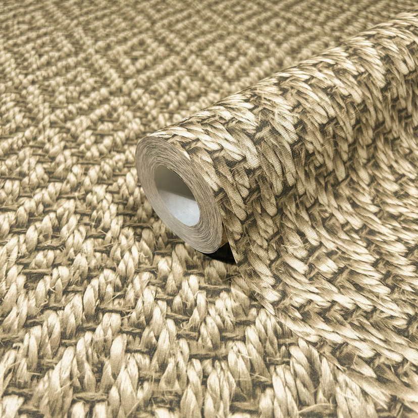non-woven tapet i 3D diamantmønster flettet beige tekstil look