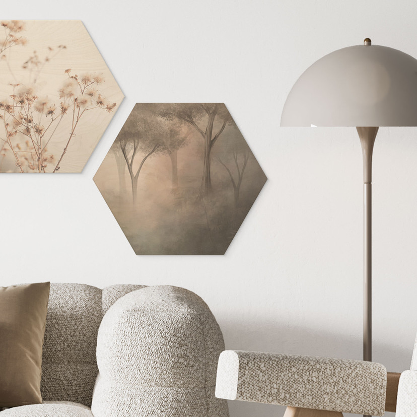 Houten Wanddecoratie bos magie in de ochtendmist beige - Ms Tiff