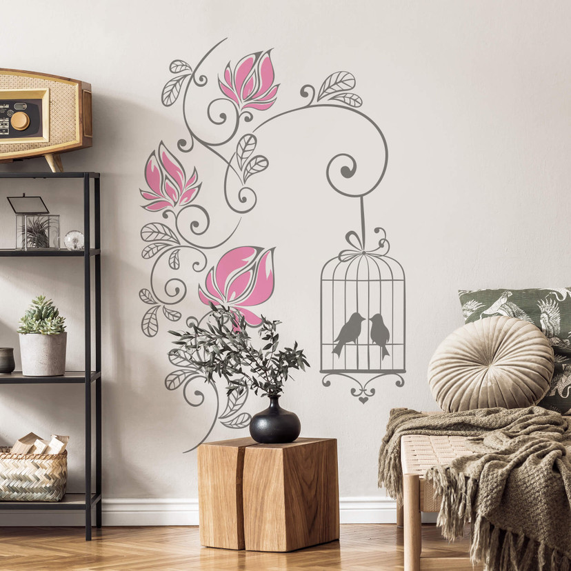 Sticker mural - Couronne de fleurs et cage à oiseaux (bicolore)