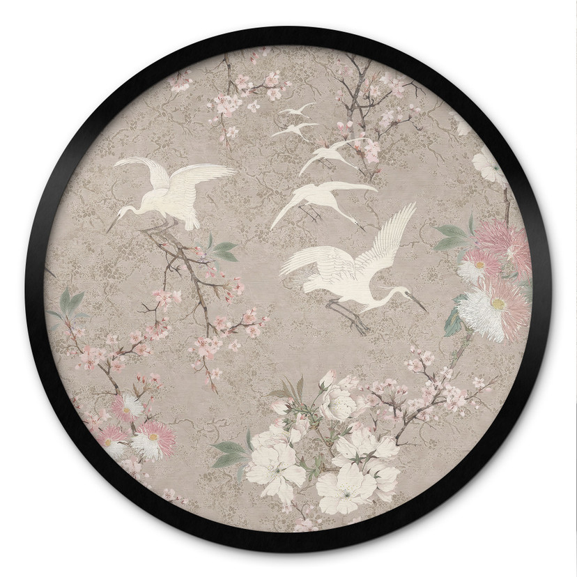 Poster Kraanvogels in Kersenbloesem Rush Beige - Bloemdecor - Rond