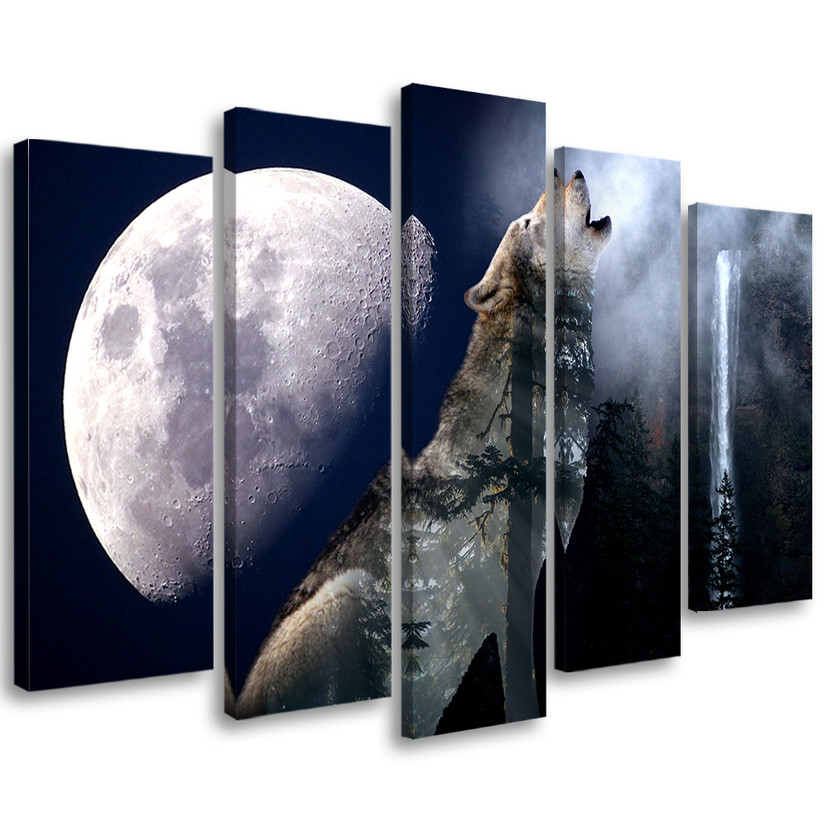5 stykke lærredsprint, Wolf Nature Moon Fog