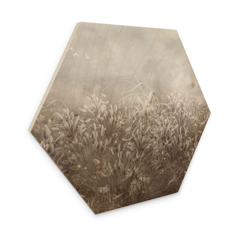 Houten Wanddecoratie zeshoekig pampagras en grassen in beige - Ms Tiff