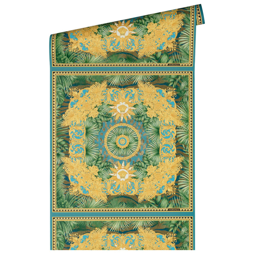 Versace Home tapeta dżungla złota zieleń designerska luksusowa tapeta z włókniny liście palmy