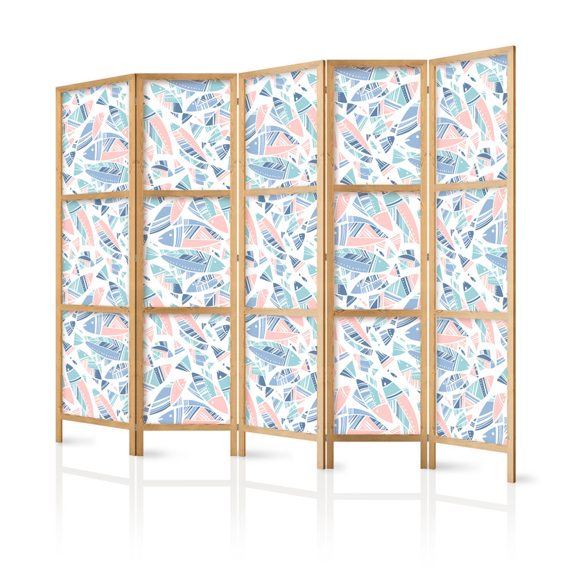 Japanischer Paravent, Raumteiler freistehend, Trennwand - Fish in Aztec Style in Pastel Color Shade