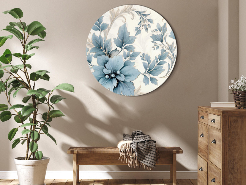 Rundes Leinwandbild Türkise Blumen in Retro-Ambiente | Florale Ornamente