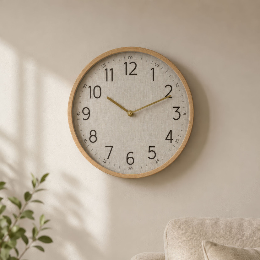 Horloge murale beige avec cadre effet bois, horloge à quartz ronde avec grands chiffres 30x30x4 cm