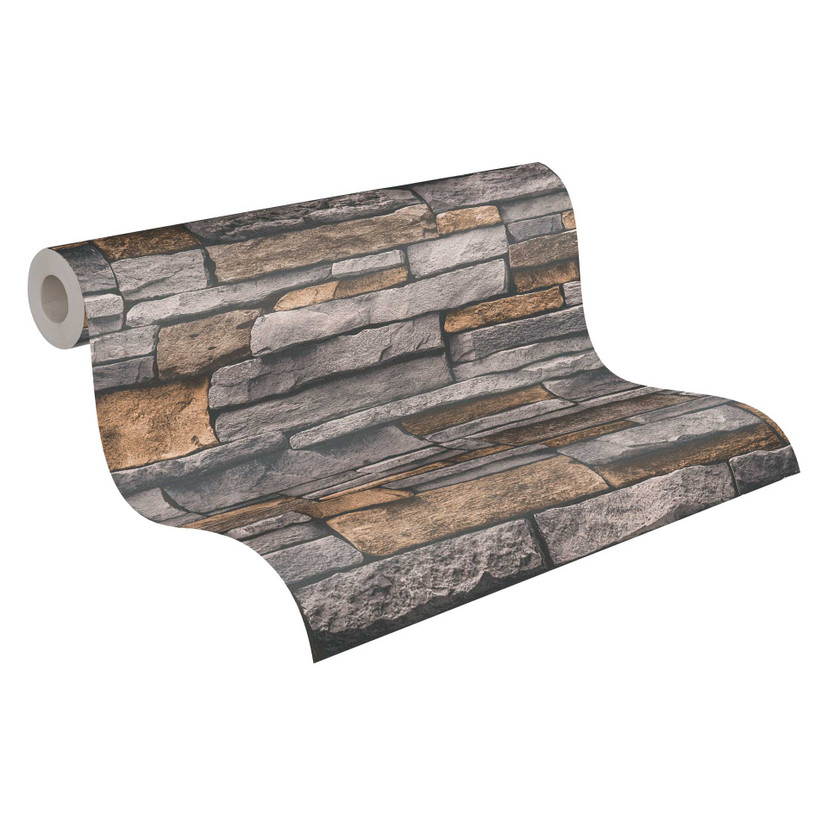 Sten effekt tapet grå gul - 3D sten tapet - non-woven tapet stue kontor
