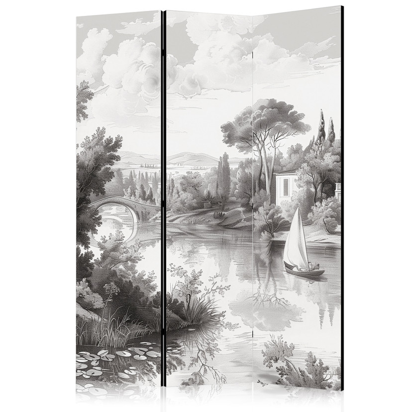 Paravent, Raumteiler freistehend, Trennwand - Black and White Vintage Landscape: Pond with Boat