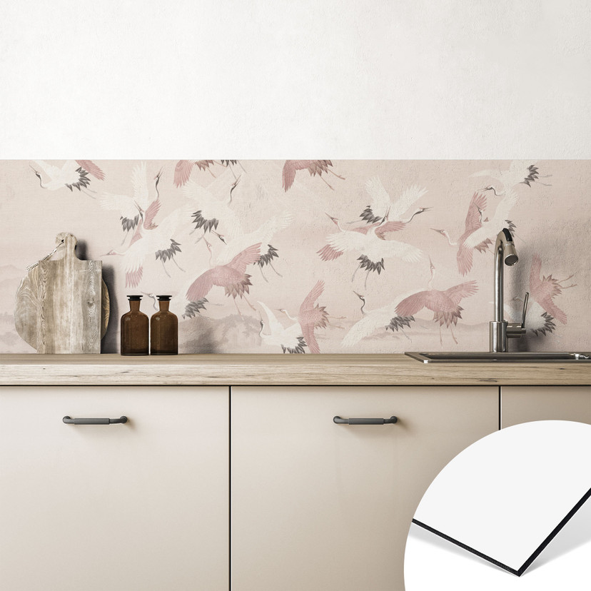 Stænkplade til køkken med naturmotiv - Traner over søen - Bloomery Decor