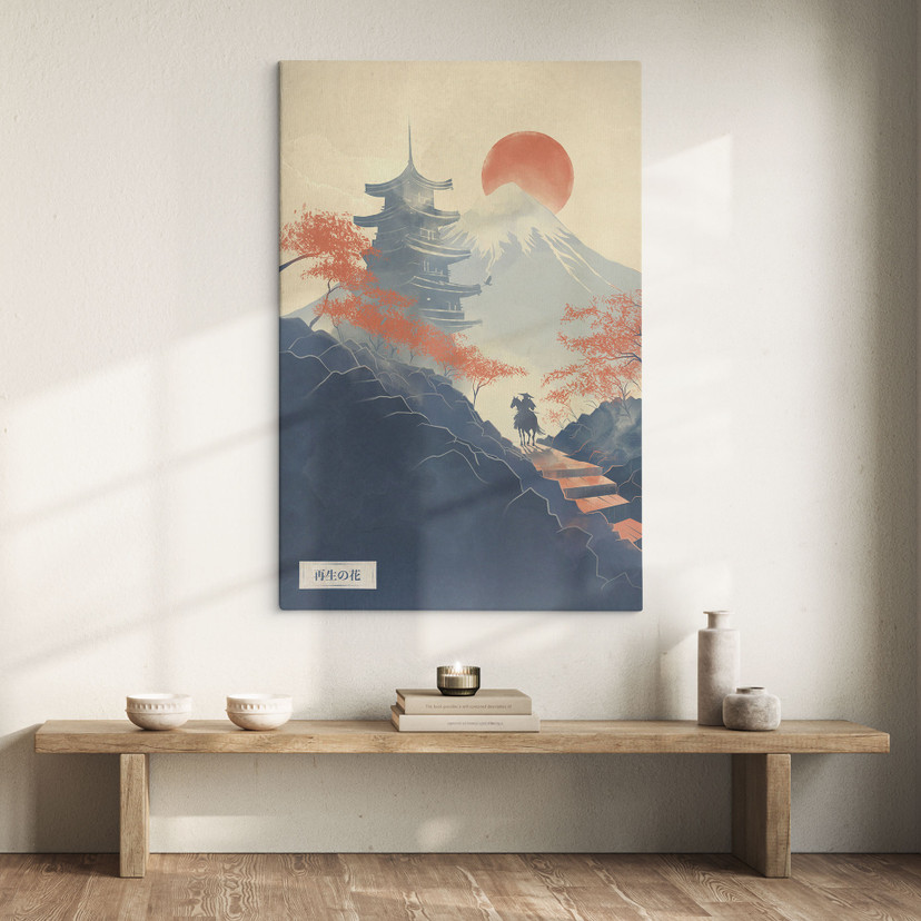 Tableau sur toile Lever de soleil sur la pagode | Paysage japonais - Roze