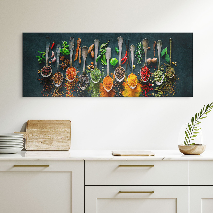 Wandbild Bunte Vielfalt an Gewürzen - Panorama - Alu-Dibond