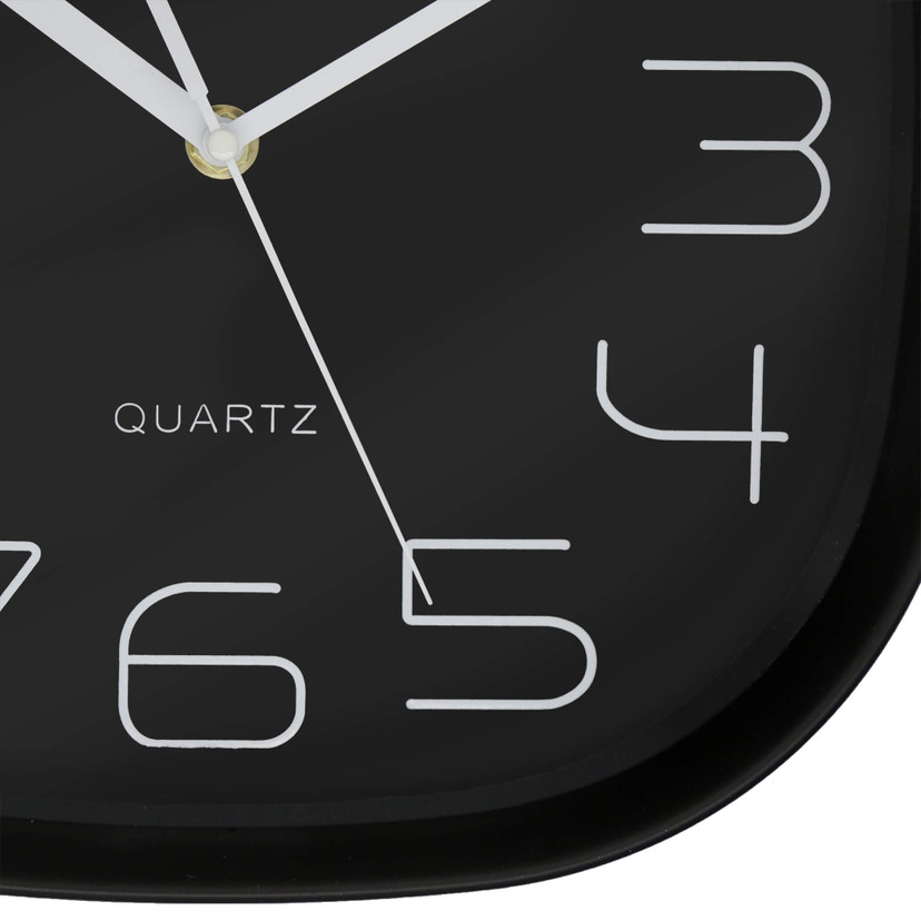 Minimalistische, moderne Wanduhr mit runden Ecken, schwarz | 29x29 cm