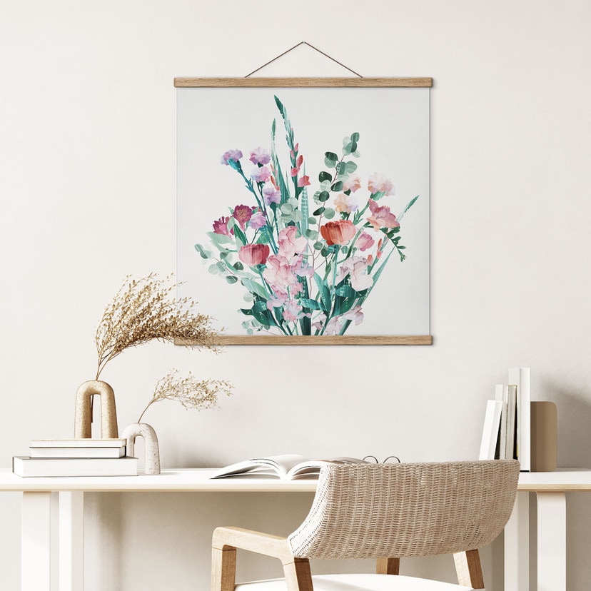 Textielposter Boeket wilde bloemen in de lente - Goed Blauw - Vierkant