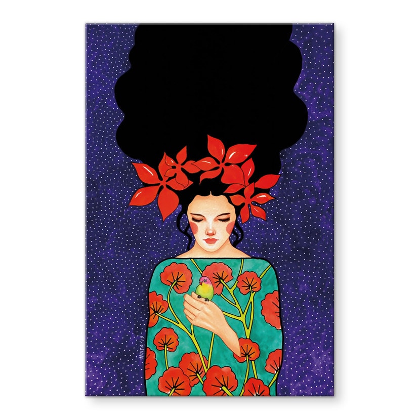 Stampa su acrilico Donna con corona di fiori rossi e uccello - Hülya