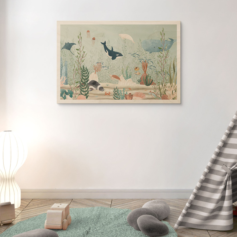 Plakat drewniany przedstawiający morskie stworzenia w głębi oceanu - Oliver Robins