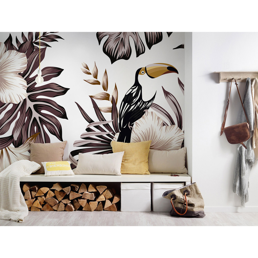non-woven tapet Toucan fugle jungle foto tapet Designwalls i grå og hvid