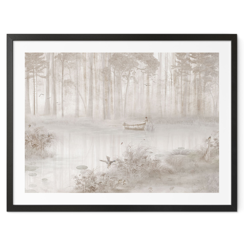 Poster Bos bij het meer in mist in beige - Ms Tiff
