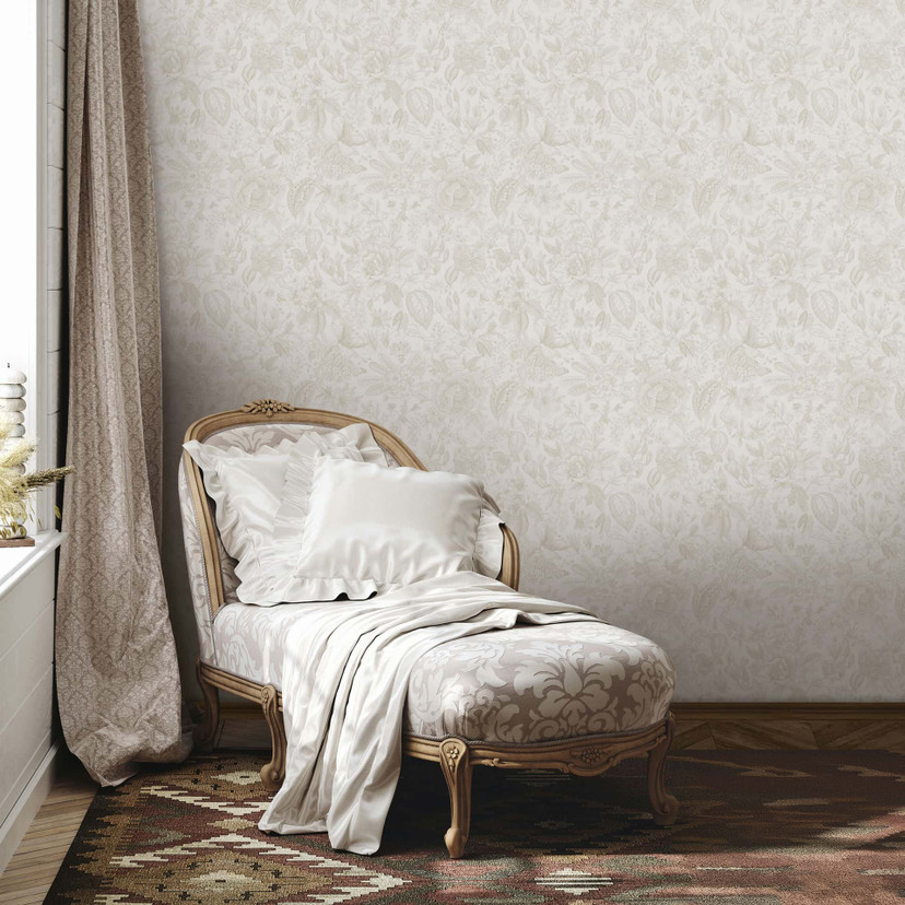 Tapeta z włókniny kwiaty, liście floral nature matowa w kolorze białym