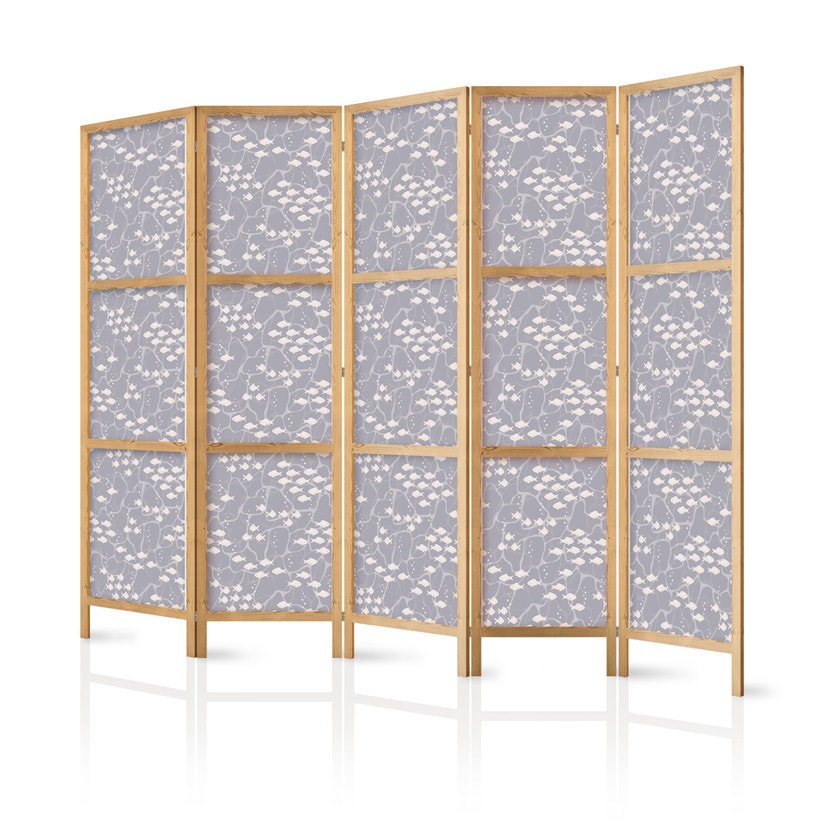 Japanischer Paravent, Raumteiler freistehend, Trennwand - Tiny Light-Beige Fish: Oceanic Depths