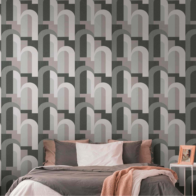 Graficzna tapeta w stylu art deco szaro-czarna - tapeta flizelinowa z próbkami w stylu retro