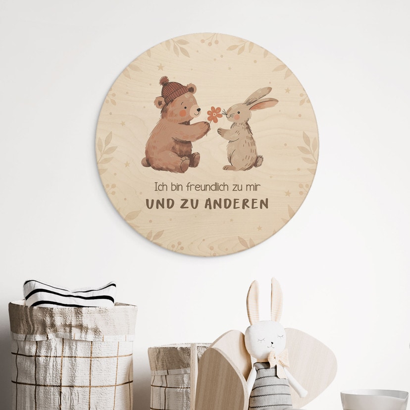 Rundes Holzbild mit Bär und Hase - 'Ich bin freundlich'