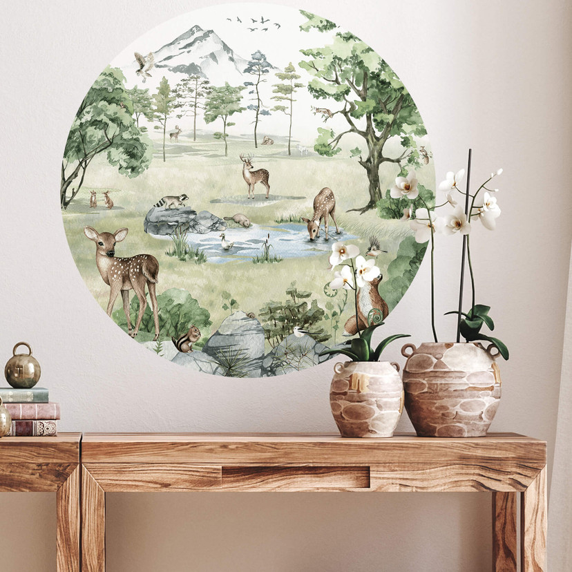 Sticker mural rond Kikki Belle - La forêt des cerfs