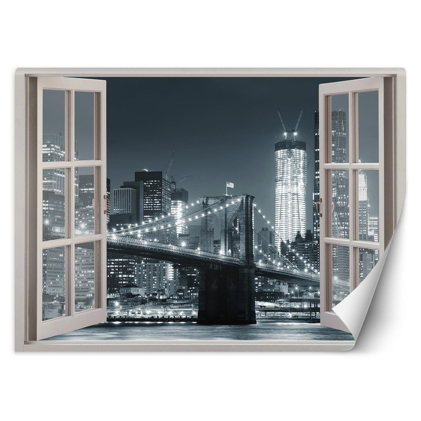 Fototapete Fensterblick New York City Brooklyn Bridge schwarz weiß