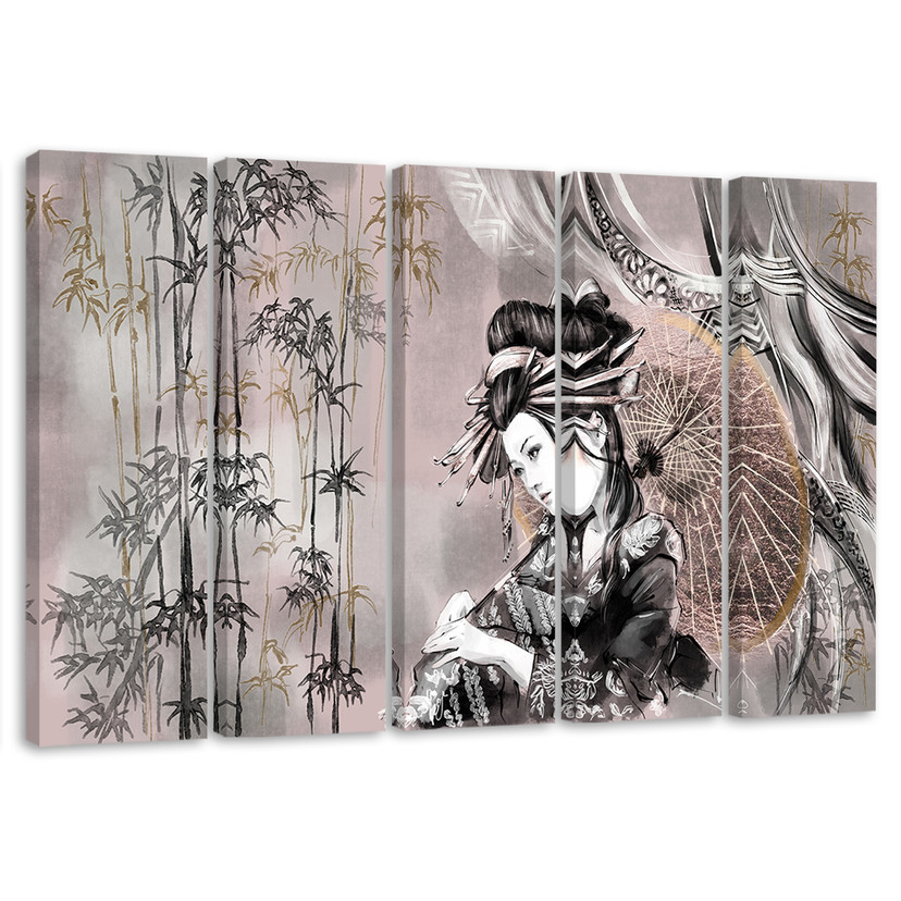 Lærred print 5 dele, geisha og bambus