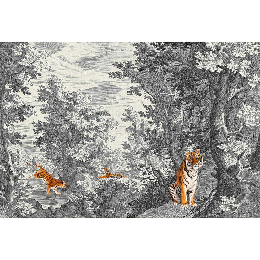 Fotomural Paredes de Patel 3 Fancy Forest 2 gris, naranja, blanco, negro