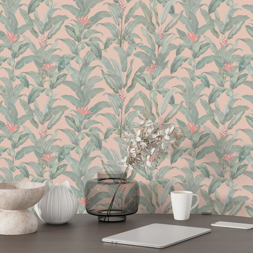Botanisk tapet med mønster Urban Jungle tropiske blade pink - Bloomery Decor
