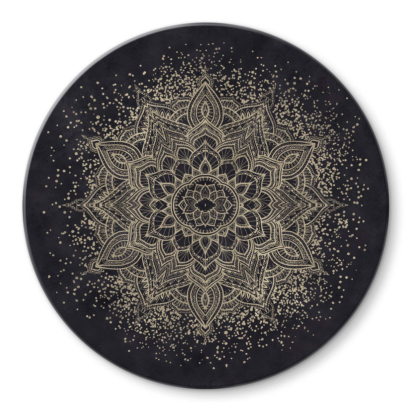 Tableau en verre Mandala élégant en noir et or - Bloomery Decor - Rond
